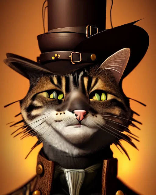 Prompt: steampunk male cat portrait, handsome, steampunk hat, detective coat, steampunk monocle, hyper realistic 3 d render by ilya kuvshinov, peter mohrbacher, greg rutkowski, ryohei hase, dramatic lighting, intricate, highly detailed, sharp focus, luminous, unreal engine, blender, artstation, masterpiece, ray tracing