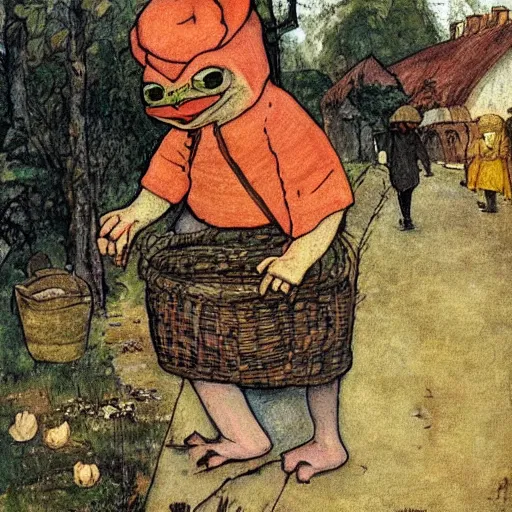 Image similar to pepe the frog in the village, uncropped, painted by carl larsson