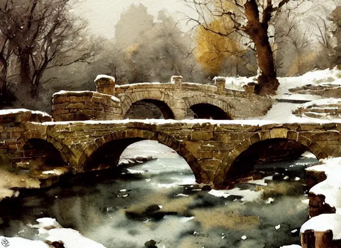 Image similar to watercolor of rustic stone bridge with mural, ivy, in winter landscape, glistering, high detailed art by dennis miller bunker, work by anders zorn, wonderful masterpiece by greg rutkowski, beautiful cinematic light, american romanticism by greg manchess, creation by tyler edlin