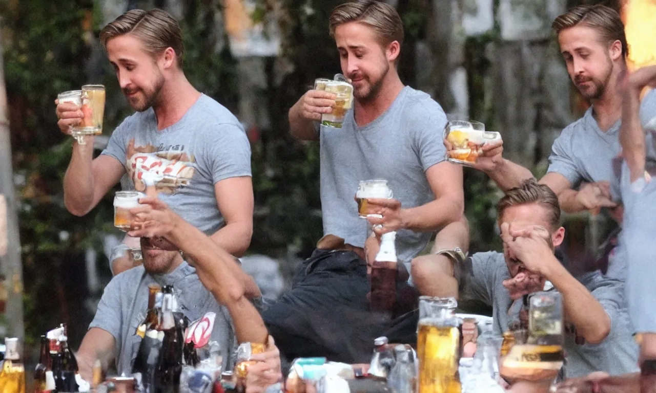 Prompt: Ryan Gosling drinks beer with Jesus