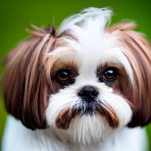 Prompt: shih tzu with brown fur, stands proudly, photography, 8 k, macro lens