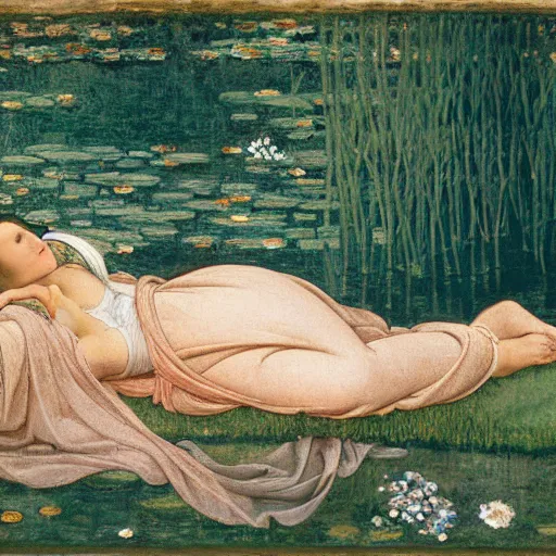 Image similar to ophelia, laying flat submerged in water, close up portrait, under the river amongst the reeds, fully covered in robes and lake foliage, weeds reeds, fully clothed in flowing medieval robes, by botticelli devinci rosetti and monet, 8 k