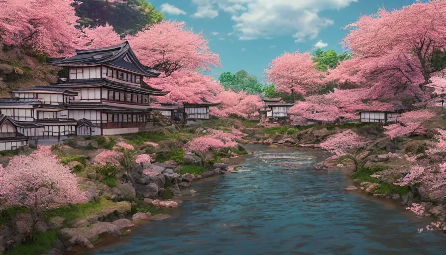 Image similar to japanese village with river, cherry blossoms, rustic houses, manga, hyperdetailed, artstation, cgsociety, 8 k