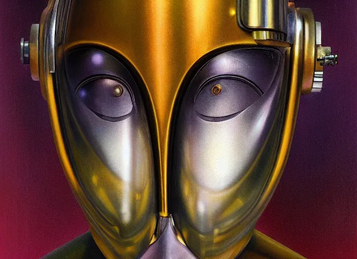 Image similar to asymmetrical portrait headshot of sci fi metallic human, bright eyes, melancholic complex geometric figure liminal biomechanical by oskar schlemmer, moebius, john berkey, film grain, oil on canvas, portrait facial head, featured on artstation, hd wallpaper, 8 k, bright colors, global radiant light