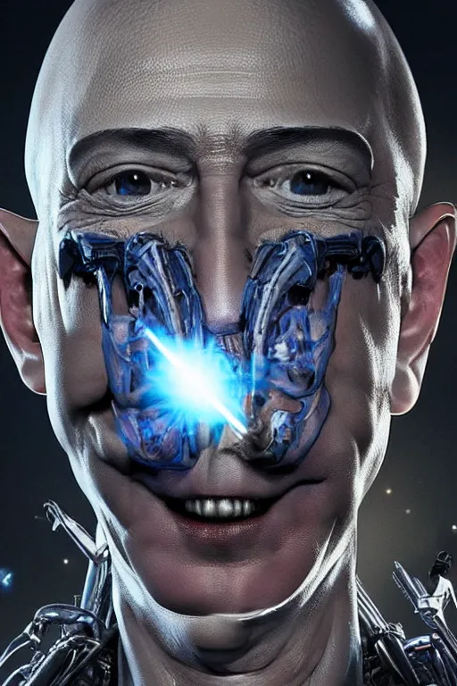 Image similar to jeff bezos as a filthy alien invader with a laser weapon, photorealistic, cinematic lighting, highly detailed, very intricate, by hr giger