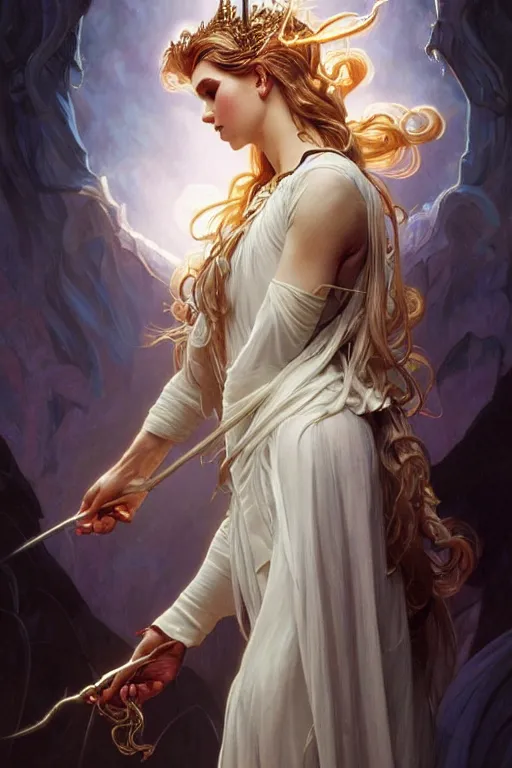 Image similar to white witch crafting magic spells, side view, crafting spells, bright witch, fantasy, chaos, magic, dark magic, dramatic lighting, intricate, wild, highly detailed, digital painting, artstation, concept art, smooth, sharp focus, illustration, art by artgerm and greg rutkowski and alphonse mucha