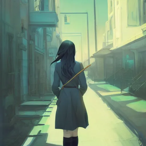 Image similar to low - angle shot from behind of a girl with light blue straight hair in a blue tailcoat, combat boots, noir, sharp focus, intricate, illustration, cell shaded, color block, digital painting, highly detailed, art by greg rutkowski, studio quality, makoto shinkai, james jean