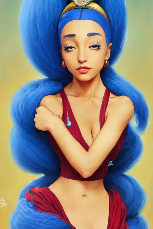 Image similar to beautiful cottagecore Ariana Grande as marge simpson, blue Hair, simpsons, marge, springfield, intricate, elegant, highly detailed, digital painting, artstation, concept art, smooth, sharp, focus, illustration, art by artgerm and greg rutkowski and alphonse mucha