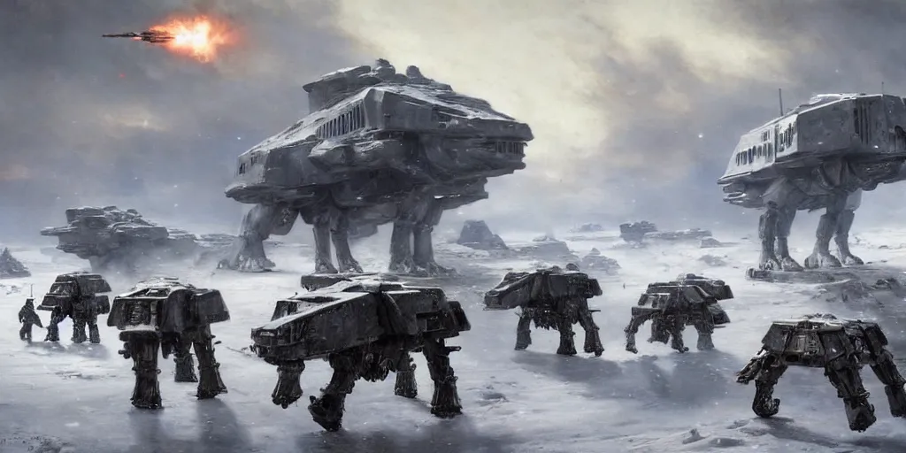 Prompt: the battle of hoth, rebel soldiers fighting enormous imperial atat walkers painted by jan matejko and greg rutkowski. oil on canvas, sharp focus, cinematic atmosphere, detailed and intricate, perfect anatomy, detailed and intricate environment and characters