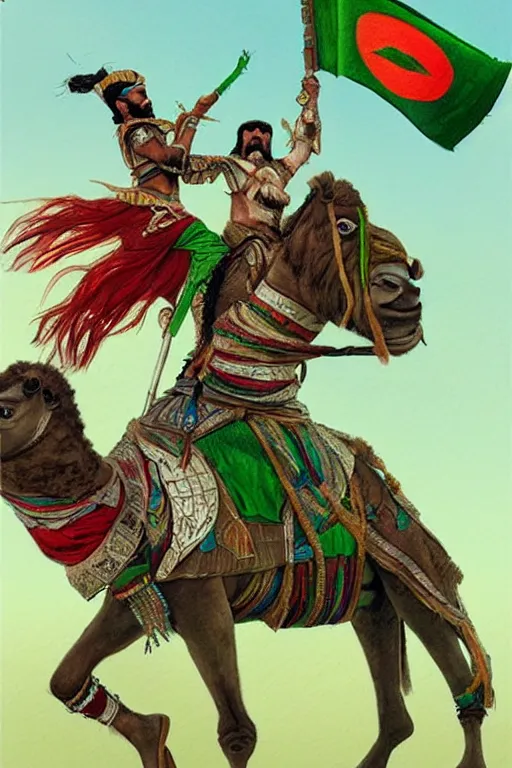 Image similar to arabian warrior, ride camel he use green turf and flag, realistic, sketch and art by jacqueline e, color by bo feng lin