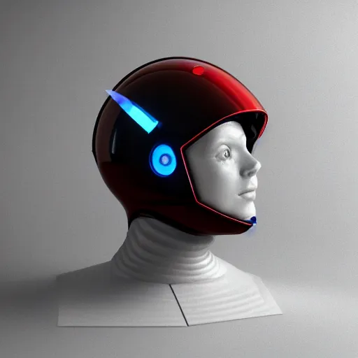 Image similar to an amazing robot-helmet, robotic head-bust portrait, of a sci-fi, human robot hybrid with weaponized systems built into the 3d helmet, cgi, zbrush, blender, octane render