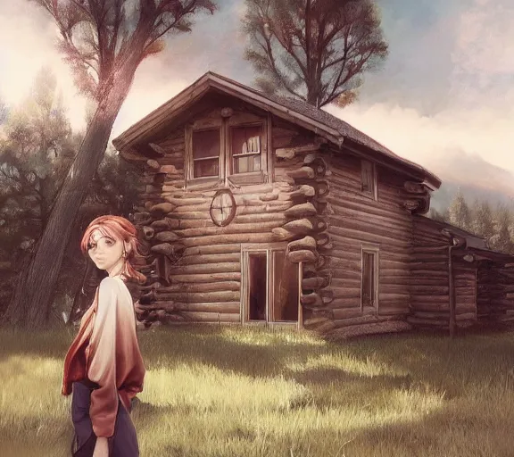 Prompt: a beautiful girl In front of the cabin, the country, by Artgerm Lau and Krenz Cushart，hyperdetailed, trending on artstation, trending on deviantart