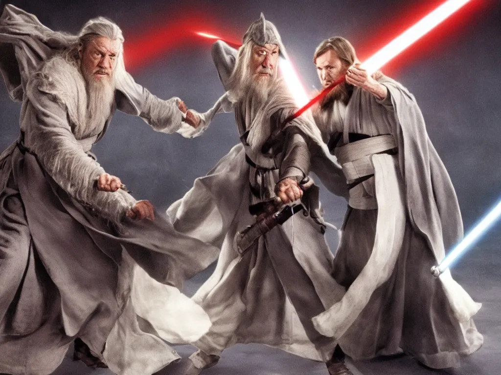 Image similar to Obi Wan fighting Gandalf