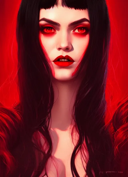 Image similar to portrait of vampire veronica lodge with bangs, vampire fangs, vampire, long hair, red clothes, bangs, vampironica, intricate, elegant, glowing lights, highly detailed, digital painting, artstation, concept art, smooth, sharp focus, illustration, art by wlop, mars ravelo and greg rutkowski