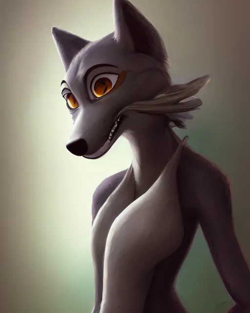 Image similar to oil painting of anthromorphic female wolf, in style of cory loftis, fursona, furry, furaffinity, 4 k, deviantart, furry art, fursona art, wearing black business suit, business suit, in style of zootopia, wolf fursona, cyberpunk, female, very very very expressive detailed feminine face,