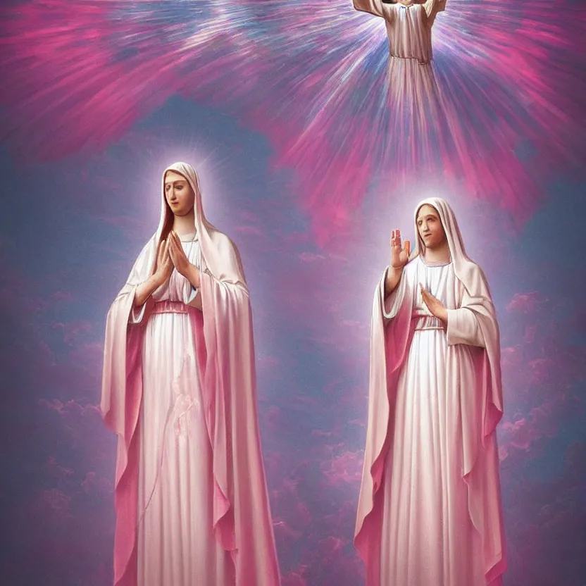 Image similar to virgin mary, our lady of lourdes, blessed mother in front of a pink waterfall with ribbons and angels in clouds. highly detailed digital art. beautiful lighting. trending on artstation.