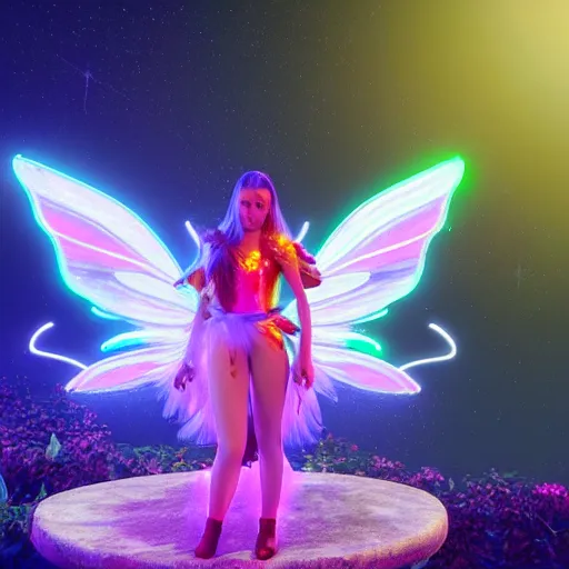 Image similar to neon fluorescent, iridescent young ornella muti with fairy wings cyperpunk 2 0 7 7, unreal engine 5, 8 k ultra realistic, hyperdetailed, volumetric lighting, extremely high quality