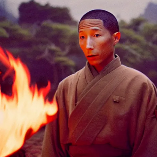 Image similar to cinematic film still Pharrell Williams starring as a Samurai holding fire, Japanese CGI, VFX, 2003, 40mm lens, shallow depth of field,film photography