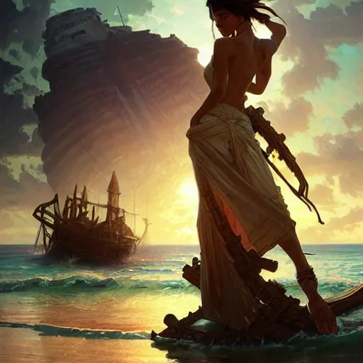 Image similar to shipwreck in a tropical bay western, D&D, fantasy, intricate, elegant, highly detailed, digital painting, artstation, concept art, matte, sharp focus, illustration, art by Artgerm and Greg Rutkowski and Alphonse Mucha, masterpiece, stunning, artstation