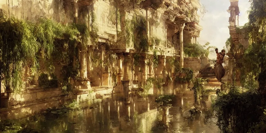 Image similar to beautiful landscape oil matte painting, of ancient hanging gardens of babylon, art by anders zorn, wonderful masterpiece by greg rutkowski, beautiful cinematic light, american romanticism, by thomas lawrence, greg rutkowski