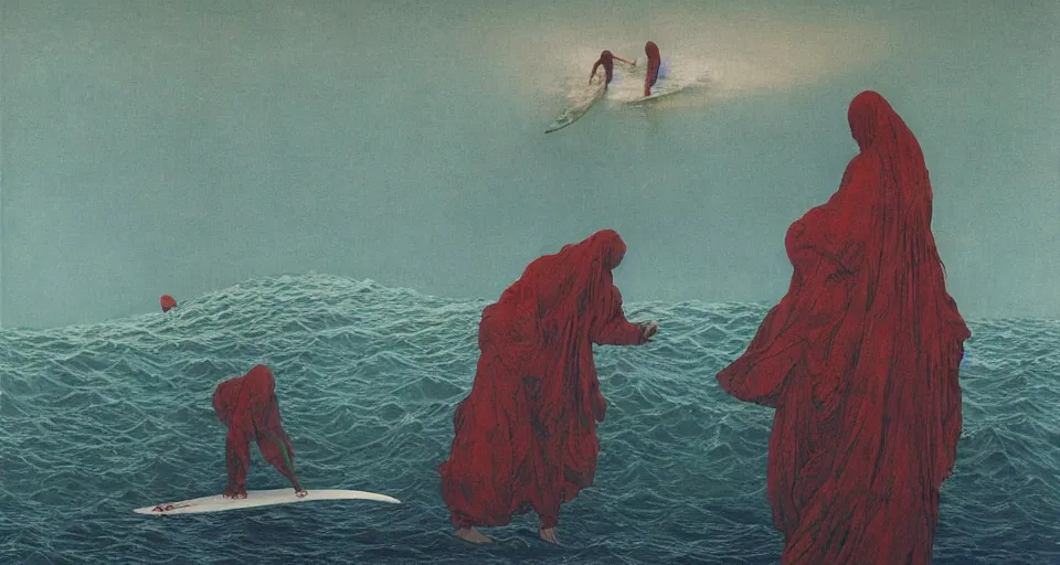 Image similar to worshippers in robes belonging to the cult of the ocean surfing in waves, standing on surfboards, surfing inside one large barreled wav, high detatiled beksinski painting, part by adrian ghenie and gerhard richter. art by takato yamamoto. masterpiece, deep colours, blue