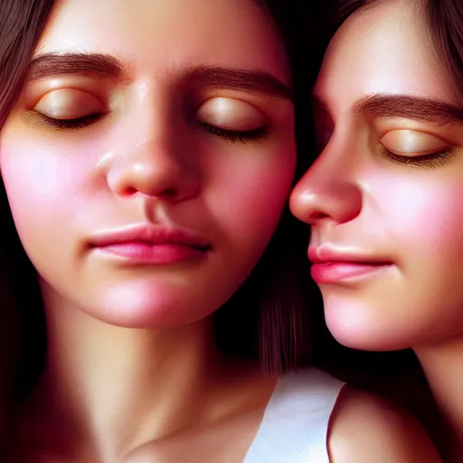 Image similar to intricate beautiful hyperreal portrait of identical twin women, smiling softly, casual clothes, relaxing on the couch, home interior, golden hour, close up shot, 8 k, art by irakli nadar, hyperrealism, hyperdetailed, ultra realistic