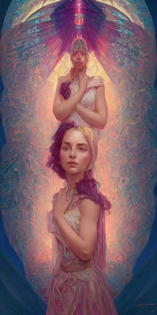 Image similar to beautiful, young woman, sad eyes, tears running down, vaporwave aesthetic, synthwave, colorful, psychedelic, long gown, ornate, intricate, angelic wings, digital painting, artstation, concept art, smooth, sharp focus, illustration, art by artgerm and greg rutkowski and alphonse mucha