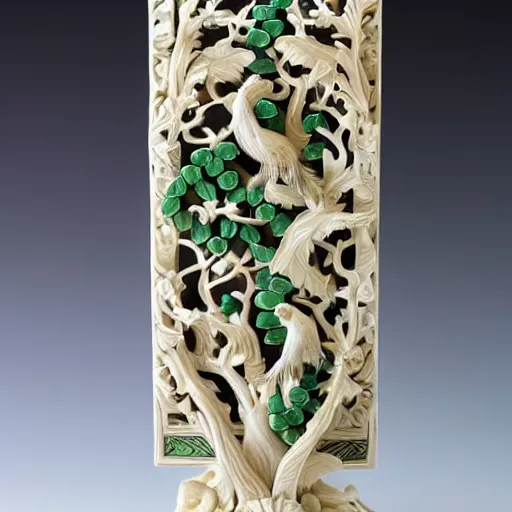 Image similar to a intricate ivory carving sculpture with birds lemons jade stones and jungle leaves, ornate, complex, highly detailed, fine detail