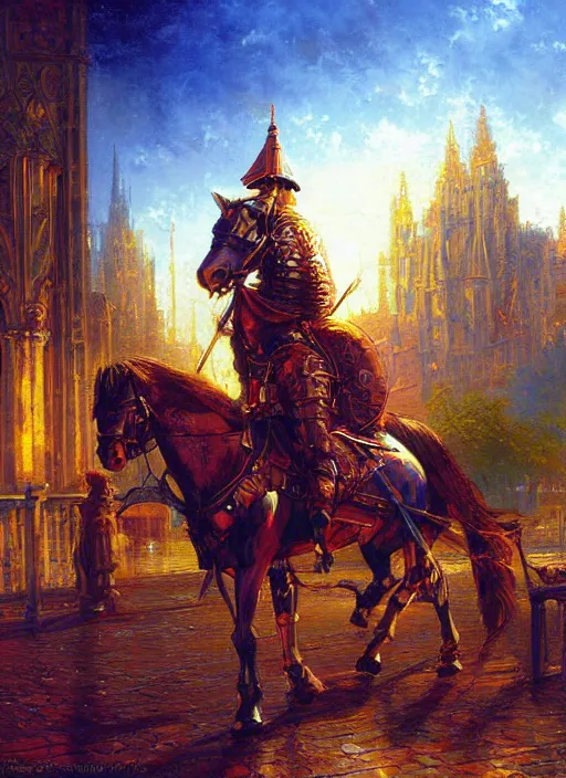 Prompt: knight, city, painting, tonal colors, polychromatic - colors, essence, divine, by richard doyle, by robert hagan, by tim hildebrandt
