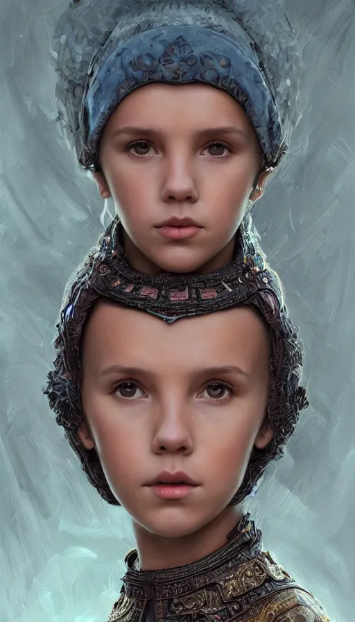 Image similar to girl millie bobby brown, mongolian shaman clothing, ritual, fame of thrones, fibonacci, sweat drops, intricate fashion clothing, insane, intricate, highly detailed, surrealistic, digital painting, artstation, concept art, smooth, sharp focus, illustration, unreal engine 5, 8 k, art by artgerm and greg rutkowski and alphonse mucha