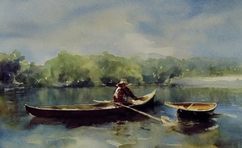 Image similar to watercolor lanscape by anders zorn, realistic, romanticism by goya, rowing boat on lake