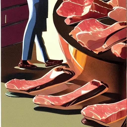 Image similar to concept art for shoes that can store meat, illustrated by syd mead, high quality