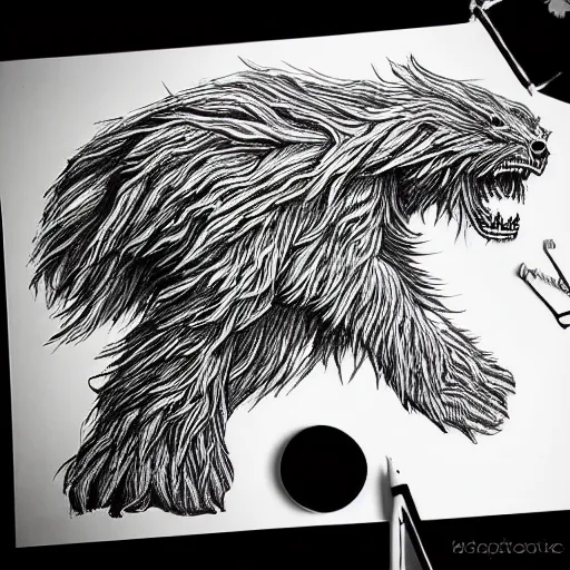 Image similar to a hand drawn pencil sketch of a cosmic monster black and white illustration