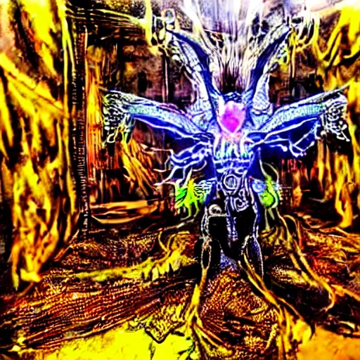 Image similar to cybercore dragon angel pimp demonoid disappearing into a portal covered in wires damnation emerging in the middle of my digusting dirty room, holy ceremony, low quality photo, flikr , creepy, hypermaximalist, trail cam found footage, realistic, , intricate fine detail