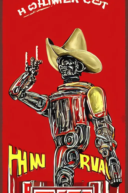 Prompt: metallic humanoid robot wearing a red poncho and a cowboy hat, smoking a cigar, pointing a colt revolver at the viewer, in the style of a spaghetti western movie poster