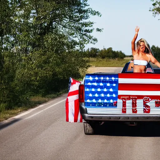 Image similar to photo of woman in the back of a pickup truck wearing bikinis drinking beer waving the american flag.