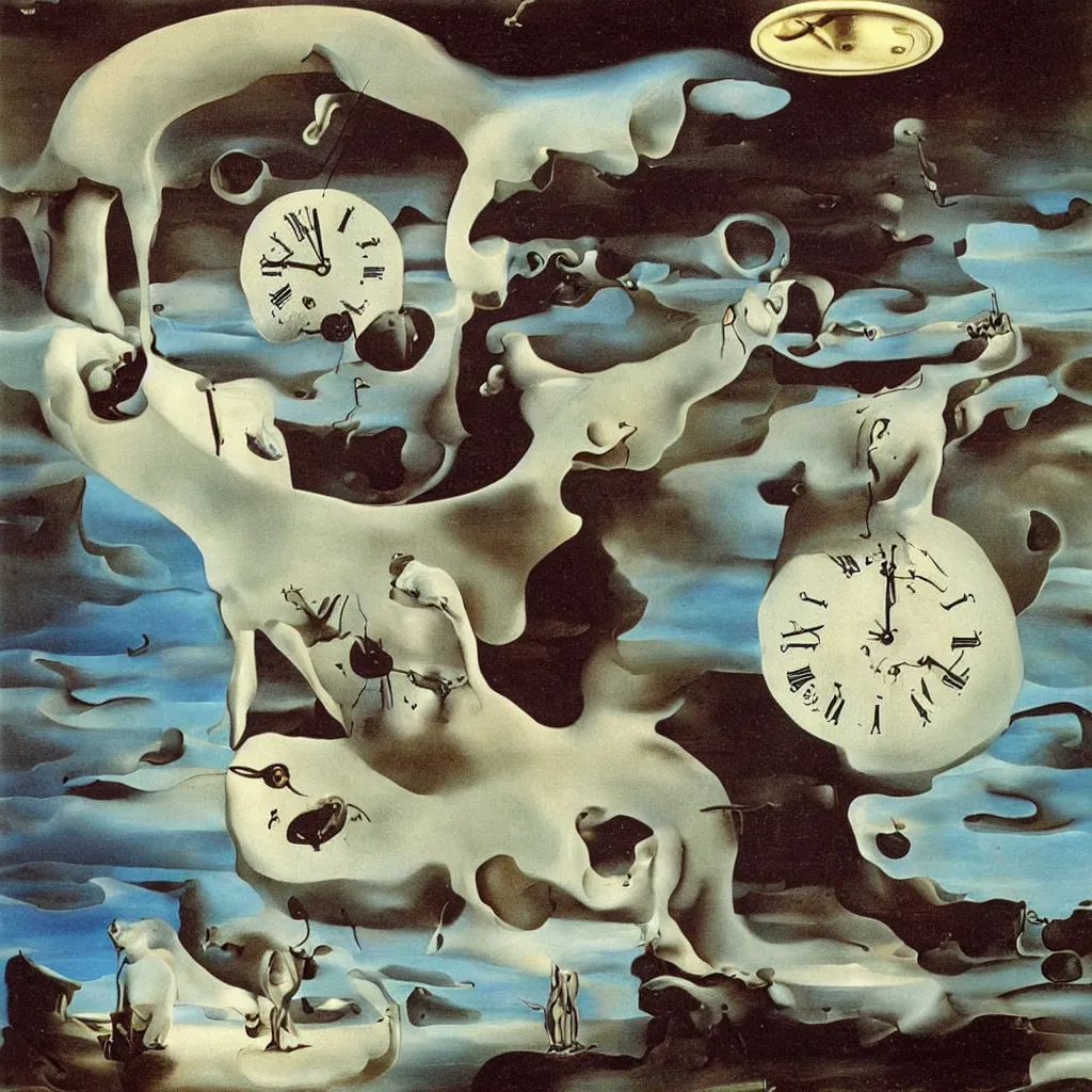 Image similar to baby harp seal and melting clocks, painting by salvador dali, surrealism