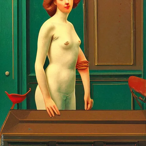 Prompt: close - up of a girl in a soviet room, film still by wes anderson, depicted by canova, limited color palette, very intricate, art nouveau, highly detailed, lights by hopper, soft pastel colors, minimalist