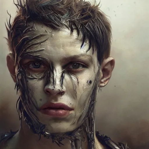 Image similar to portrait painting of young man with severe burn scars on his face and poorly shaved hair wearing tattered light armor, ultra realistic, concept art, intricate details, eerie, highly detailed, photorealistic, octane render, 8 k, unreal engine. art by artgerm and greg rutkowski and charlie bowater and magali villeneuve and alphonse mucha