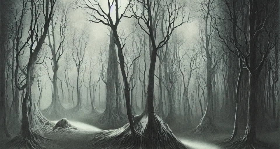 Image similar to Enchanted and magic forest, by Zdzisław Beksiński