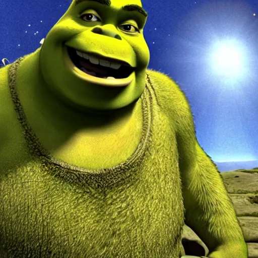 Image similar to shrek in the unreal engine, giant space battle, 8k, photo realistic, lensflare, volumetric lighting