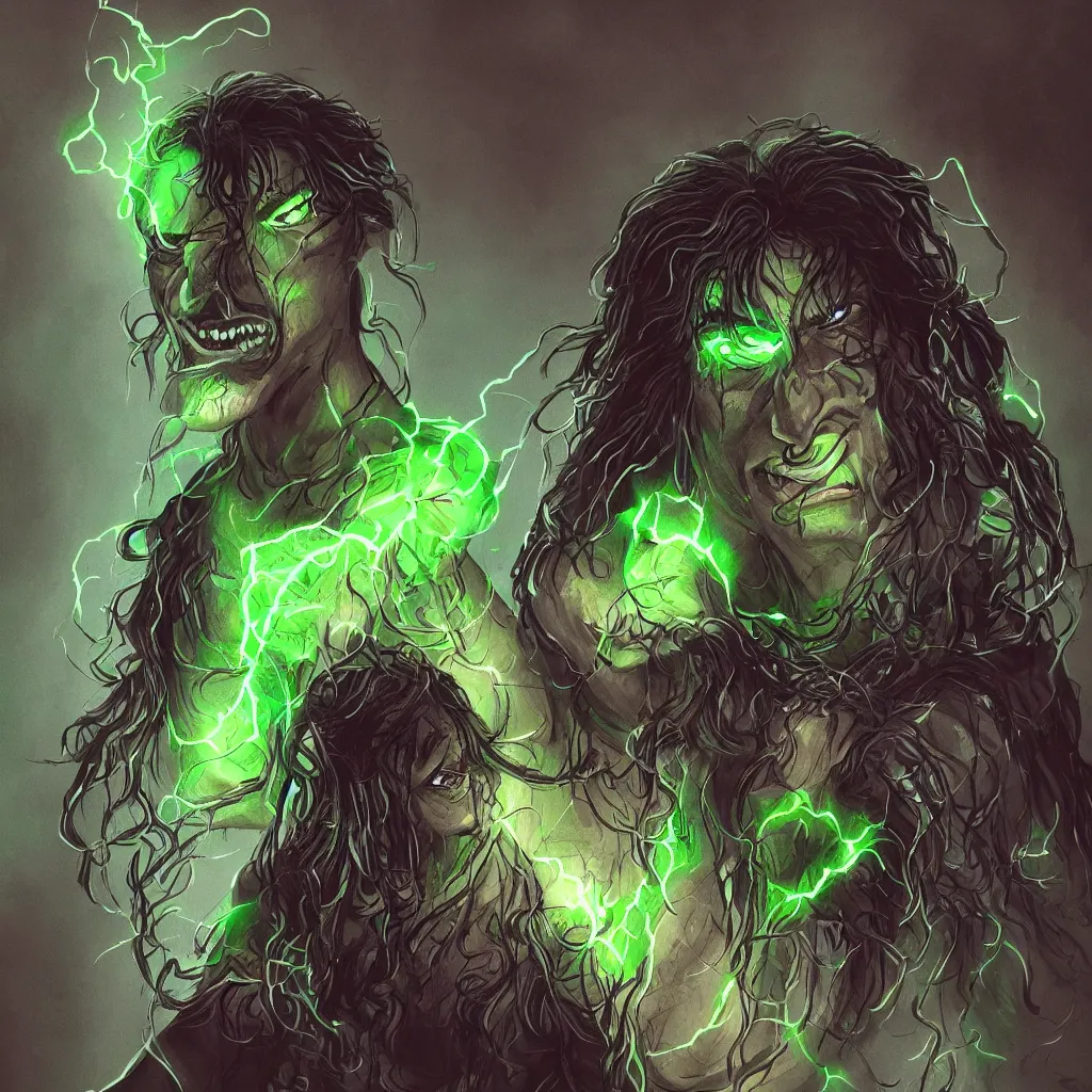 Prompt: half - orc shaman with long wiry grey hair, vines in hair, glowing green eyes, glowing tattoos, lightning in background, rainy background, character concept art, artstation, digital art