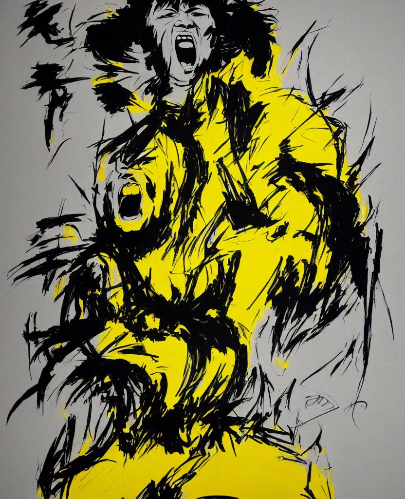 Image similar to a portrait of bruce lee screaming drawn with black and yellow permanent marker