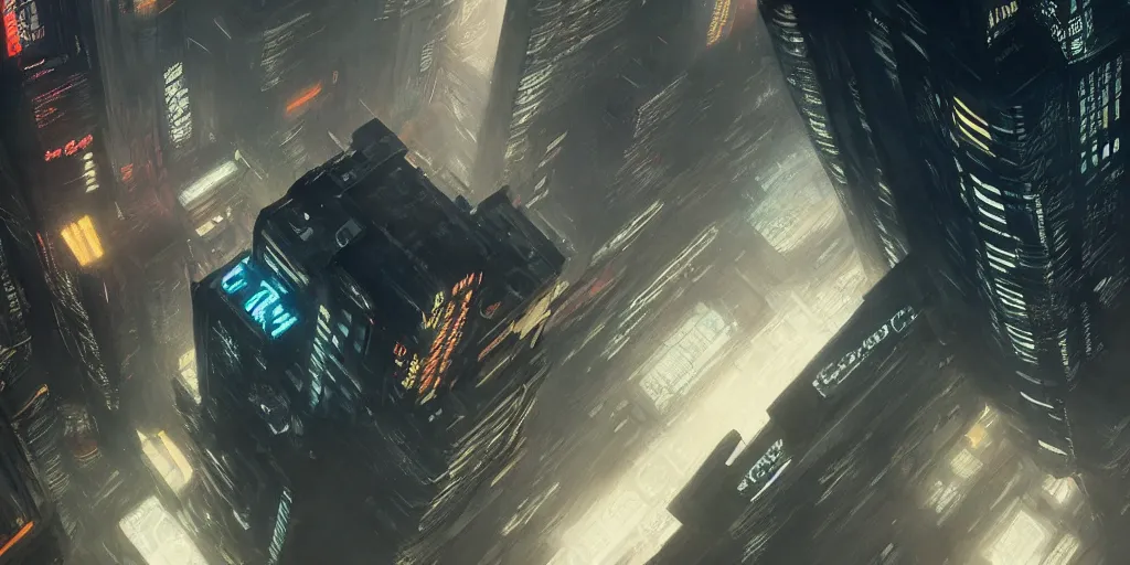 Image similar to a painting of a cinematic keyframe of a cyberpunk dystopian city, blade runner like designed by ian hubertz seen from above, cenital shot, by greg rutkowski, rule of thirds, golden ratio, ambient lighting, wlop, artgerm, artstation, highly detailed masterpiece, dark fantasy art, high detail, trending on artstation