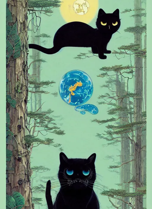 Image similar to a hyper realistic ink cat and the meaning of life and sunbeams blue sky, lush forest poster art by chiara bautista and kim jung giu and norman rockwell and greg rutkowski weta studio, and lucasfilm