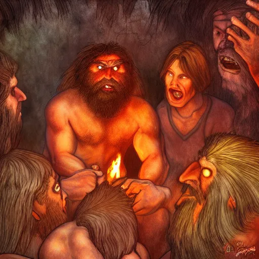 Prompt: caveman is shocked when they first time discovered fire , Unga bunga , illustration , HDR, natural lighting , award winning photograph, 8k, Mucha style,