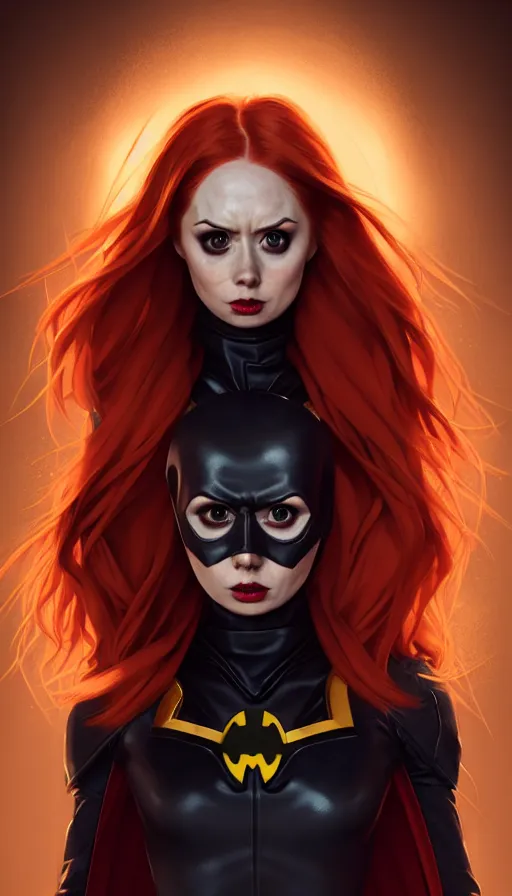 Image similar to Karen Gillan Batgirl, redhead, full body Batgirl torn costume with cape, no mask, bruised, symmetrical face symmetrical eyes, fight pose, dark alleyway, illustration, artstation, cinematic lighting, hyperdetailed, cgsociety, 8k, high resolution, Charlie Bowater, Tom Bagshaw, Norman Rockwell, insanely detailed and intricate