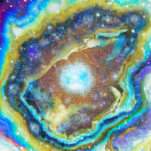 Image similar to huge geode, crystals, cracked and exploding with the universe, a huge dance of the cosmos, planets, high detailed starry background