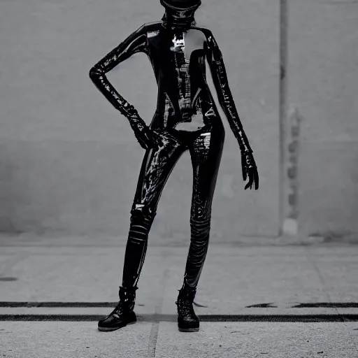 Image similar to fashion photography of an extraterrestrial model, wearing futuristic hip - hop streetwear fashion, inside berghain, berlin fashion, futuristic fashion, dark minimal outfit, photo 3 5 mm leica, hyperdetail, berghain, 8 k, very detailed, photo by nick knight