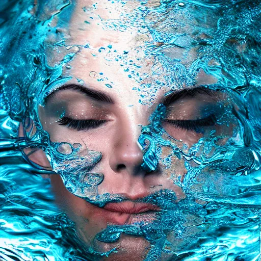 Image similar to water artwork manipulation in the shape of a human head, on the ocean water, ray tracing, realistic water sharp focus, long shot, 8 k resolution, cinematic, amazing water art, cgsociety, surreal water art